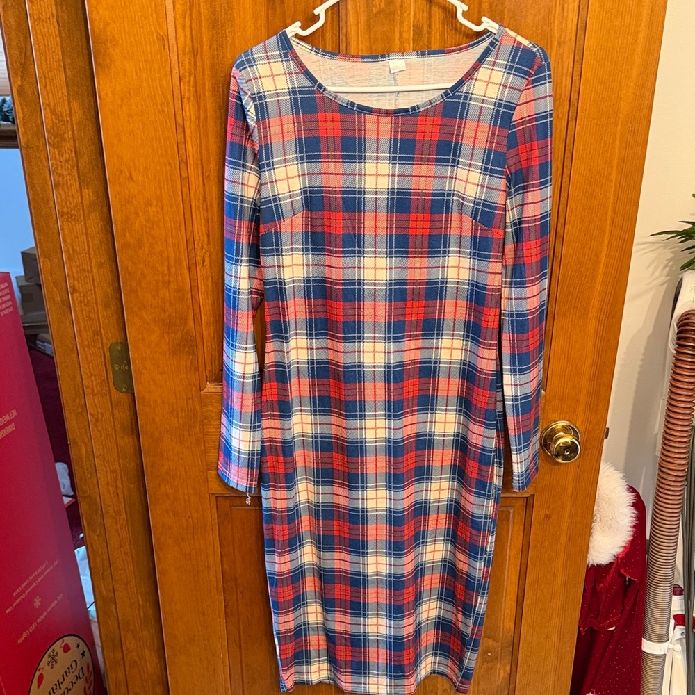 Plaid Long Sleeve Dress - Red and Blue